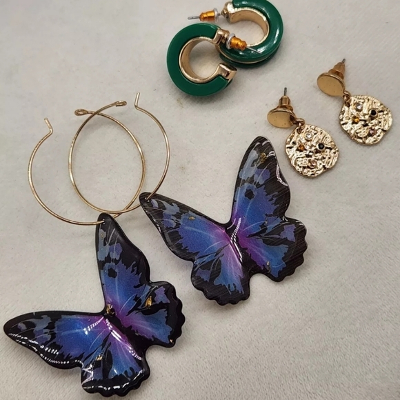 Lot Of 3 Pairs Bijou BRIGITTE Pierced Earrings Butterfly Gold Nugget Green Hoop - Picture 3 of 15